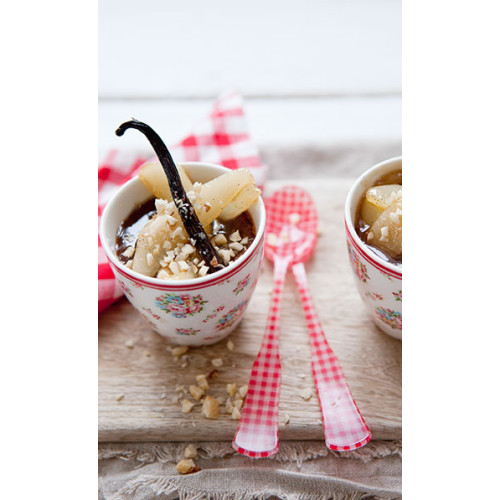 Oven baked chocolate cream with caramel pears